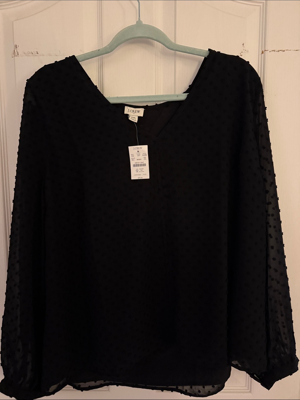 J. Crew Factory Black Swiss Dot V-Neck Sheer Long-Sleeve Blouse